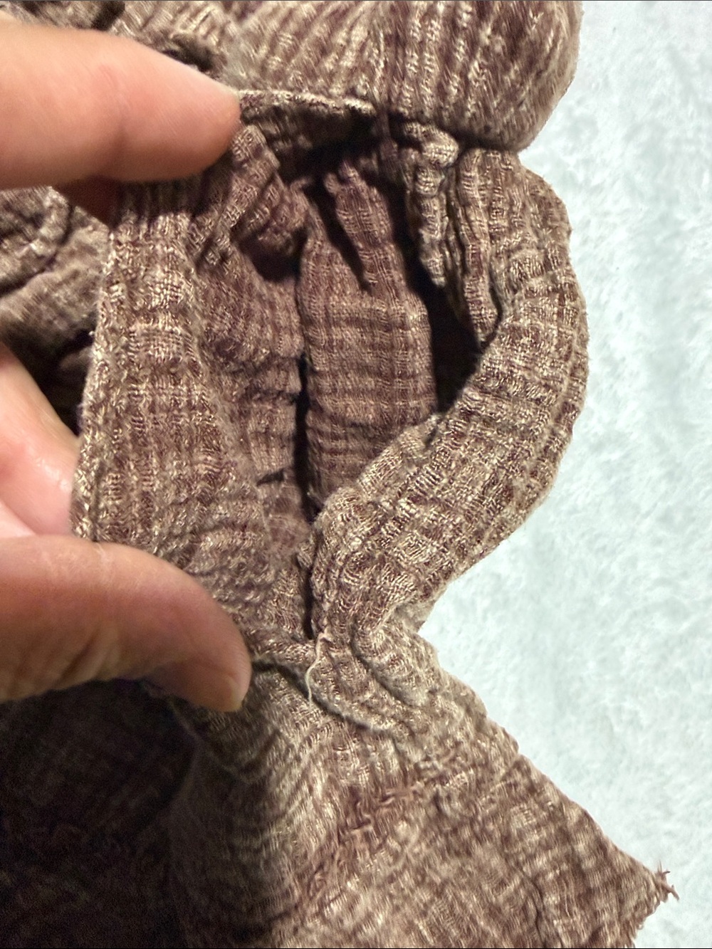 High-Waist Brown Textured Ruffle-Hem Shorts - Picture 5 of 10